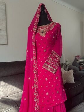 Traditional Women's Fuchsia Embellished Anarkali Dress with Dupatta